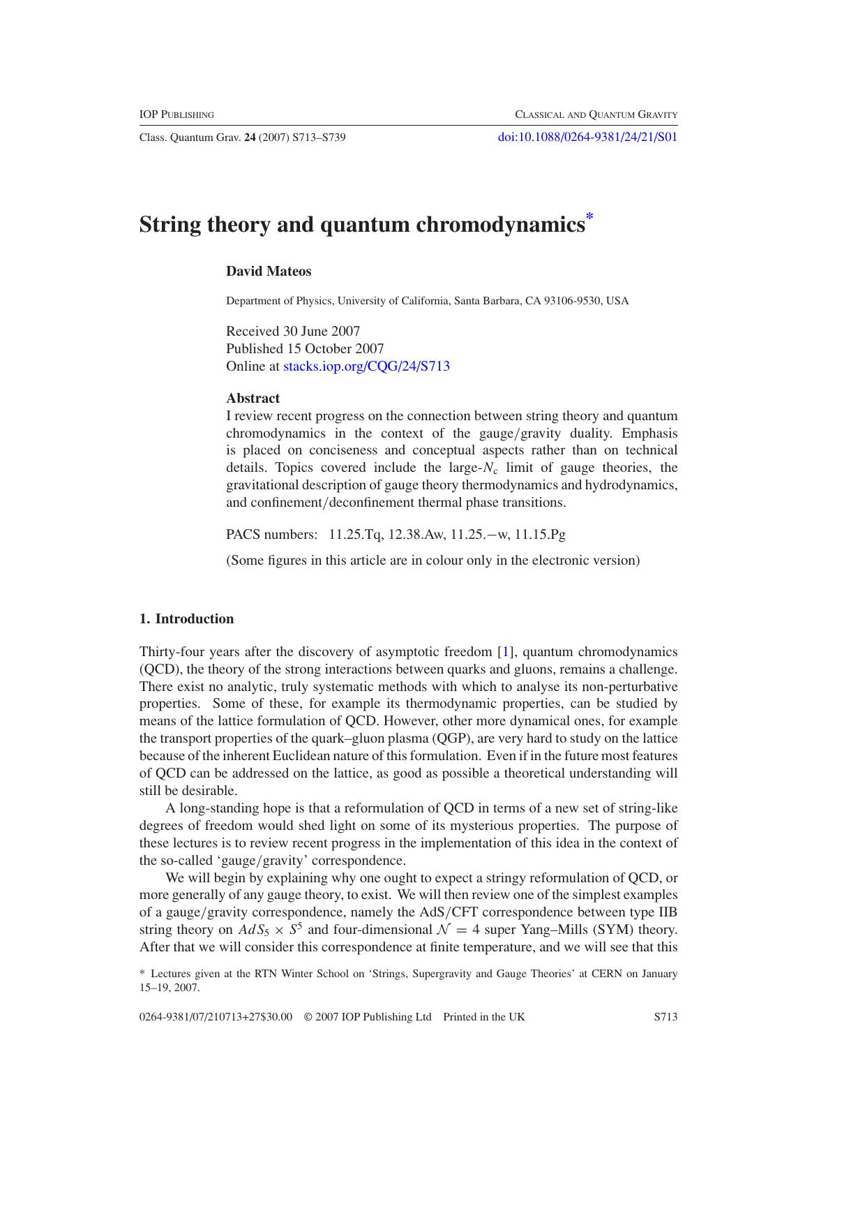 String theory and quantum chromodynamics by D Mateos