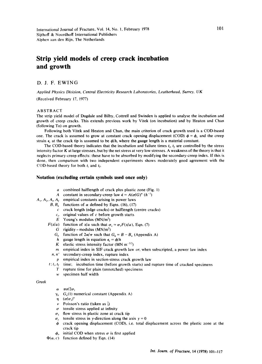 Strip yield models of creep crack incubation and growth by Unknown