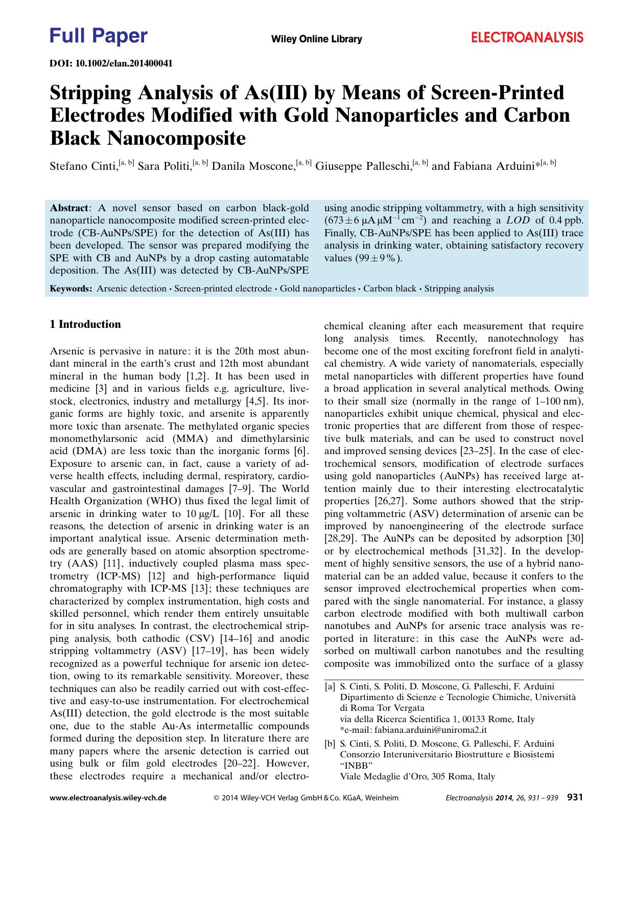 Stripping Analysis of As(III) by Means of ScreenPrinted Electrodes Modified with Gold Nanoparticles and Carbon Black Nanocomposite by Unknown