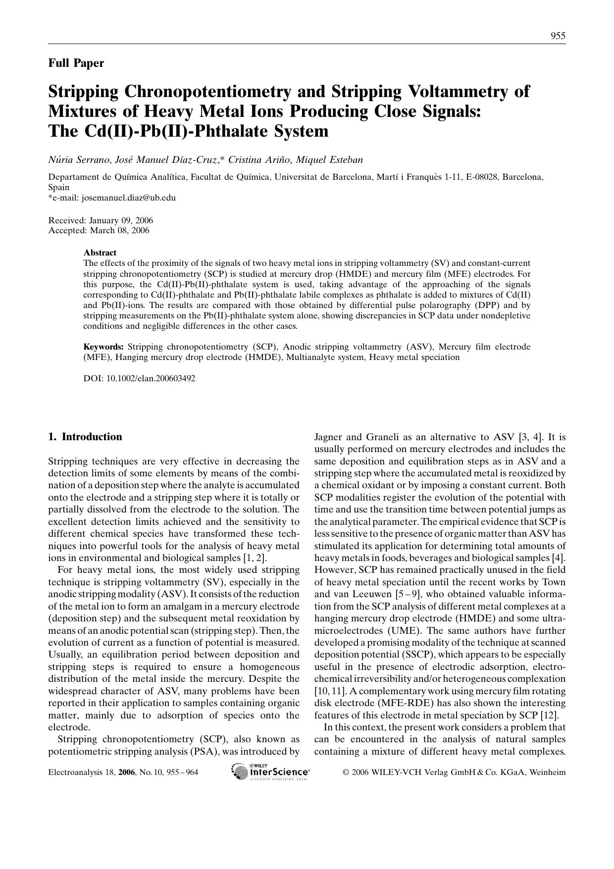 Stripping Chronopotentiometry and Stripping Voltammetry of Mixtures of Heavy Metal Ions Producing Close Signals: The Cd(II)-Pb(II)-Phthalate System by Unknown
