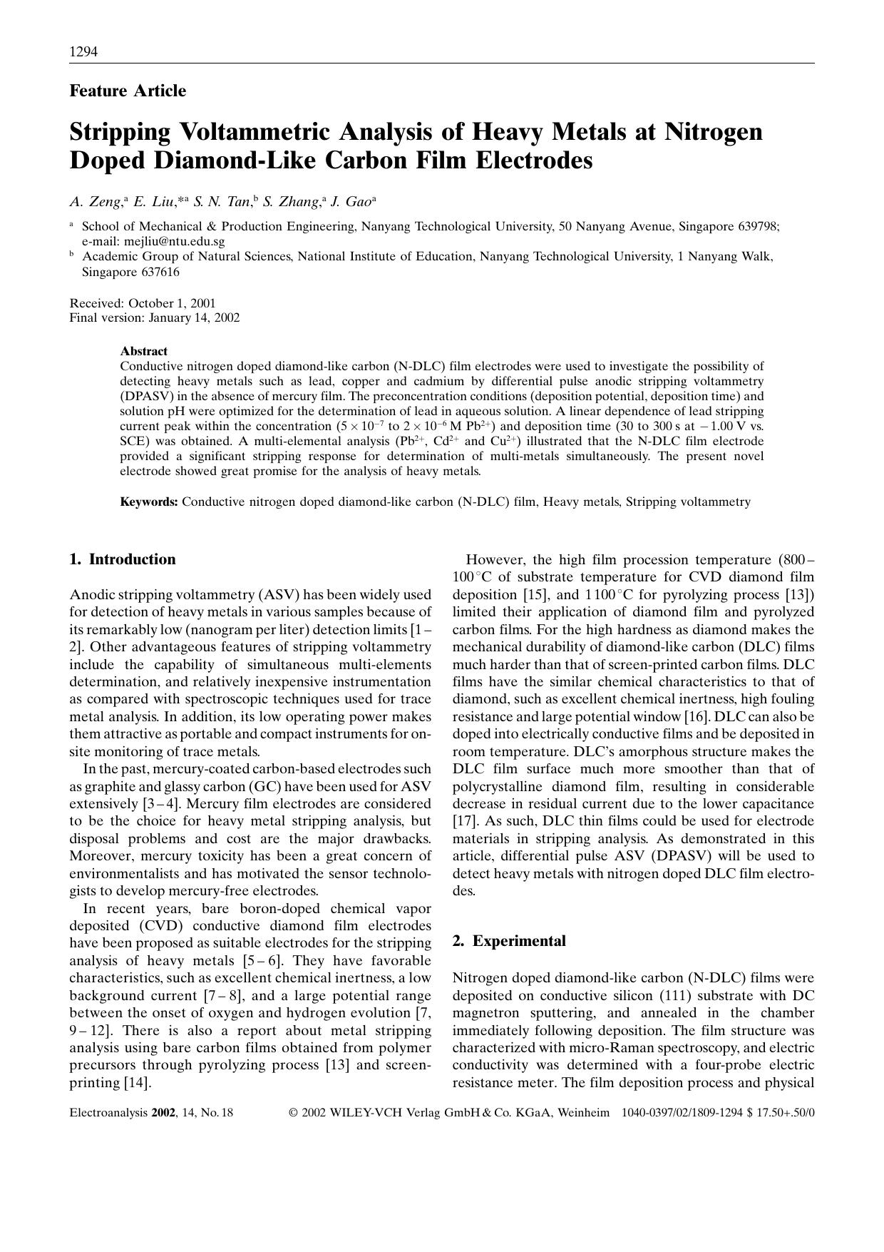 Stripping Voltammetric Analysis of Heavy Metals at Nitrogen Doped Diamond-Like Carbon Film Electrodes by Unknown