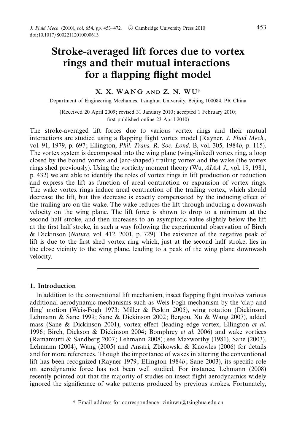 Stroke-averaged lift forces due to vortex rings and their mutual interactions for a flapping flight model by X. X. WANG Z. N. WU