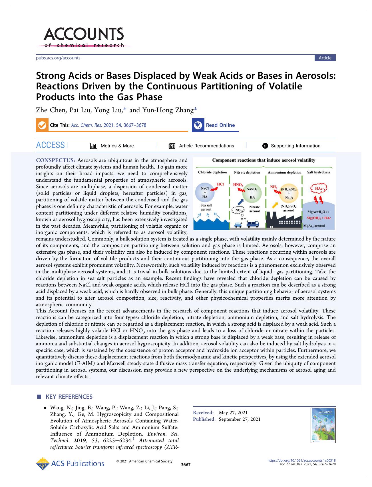 Strong Acids or Bases Displaced by Weak Acids or Bases in Aerosols: Reactions Driven by the Continuous Partitioning of Volatile Products into the Gas Phase by Zhe Chen Pai Liu Yong Liu and Yun-Hong Zhang