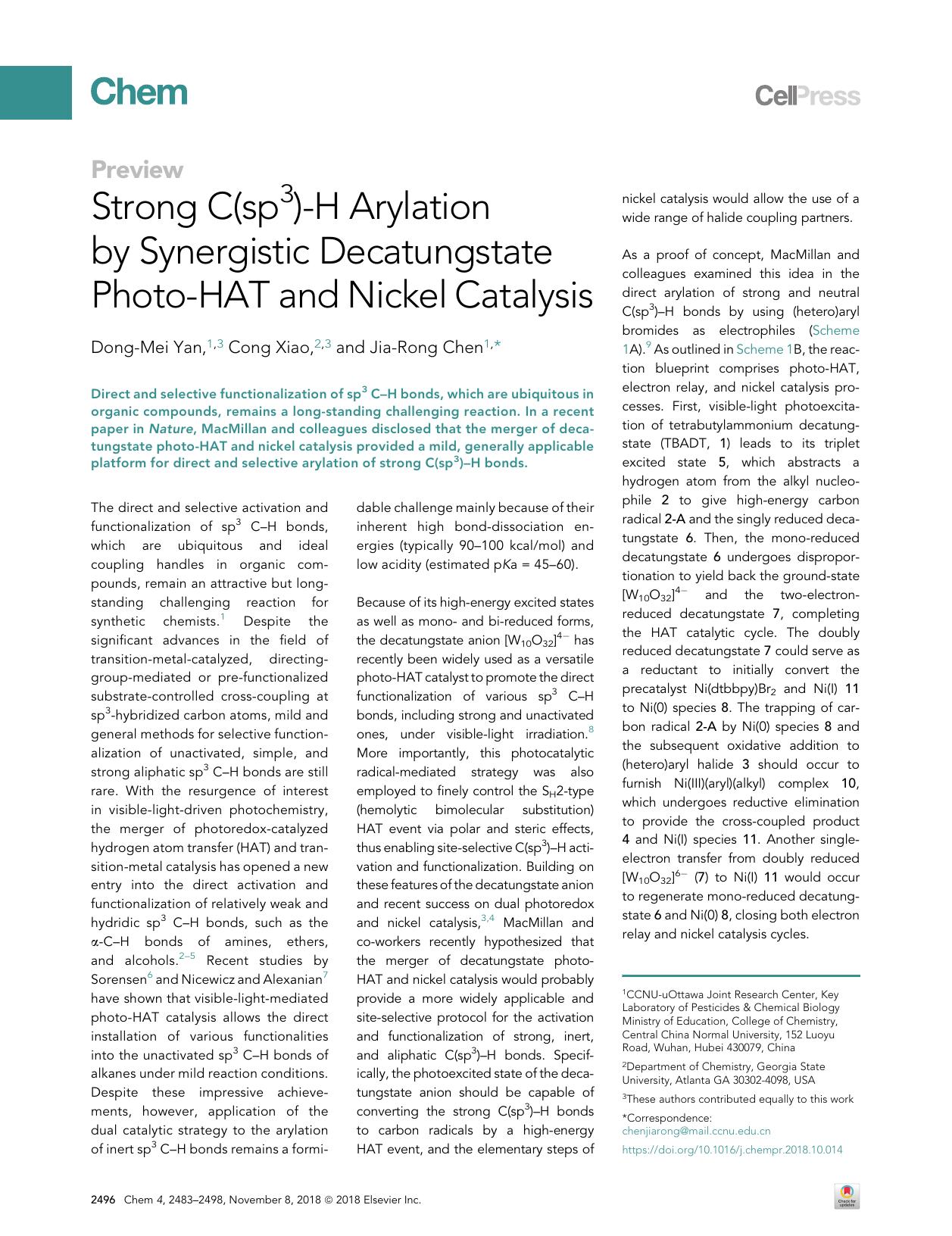 Strong C(sp3)-H Arylation by Synergistic Decatungstate Photo-HAT and Nickel Catalysis by Dong-Mei Yan & Cong Xiao & Jia-Rong Chen