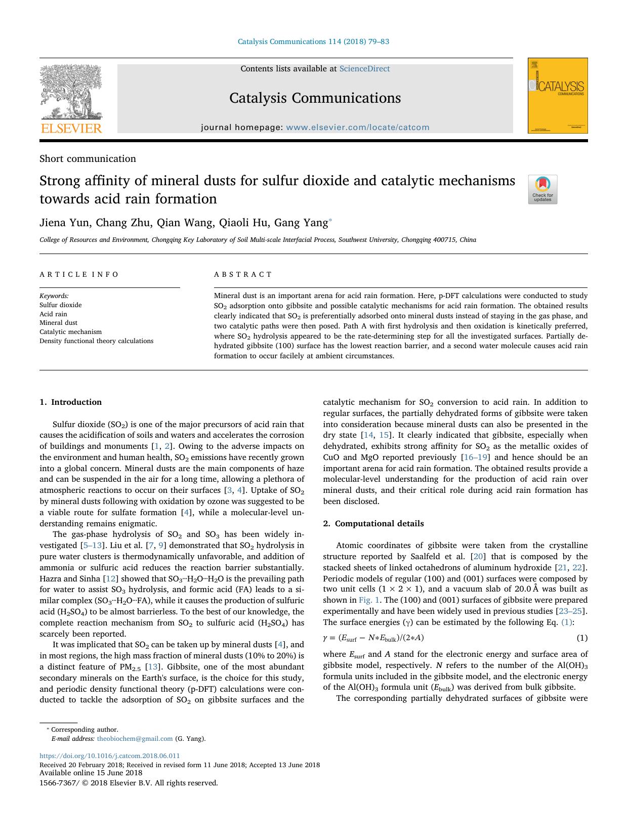 Strong affinity of mineral dusts for sulfur dioxide and catalytic mechanisms towards acid rain formation by Jiena Yun & Chang Zhu & Qian Wang & Qiaoli Hu & Gang Yang