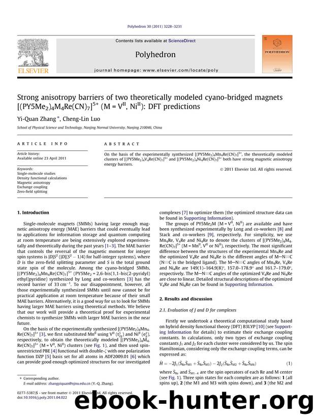 Strong anisotropy barriers of two theoretically modeled cyano-bridged magnets [(PY5Me2)4M4Re(CN)7]5+ (M=VII, NiII): DFT predictions by Yi-Quan Zhang & Cheng-Lin Luo