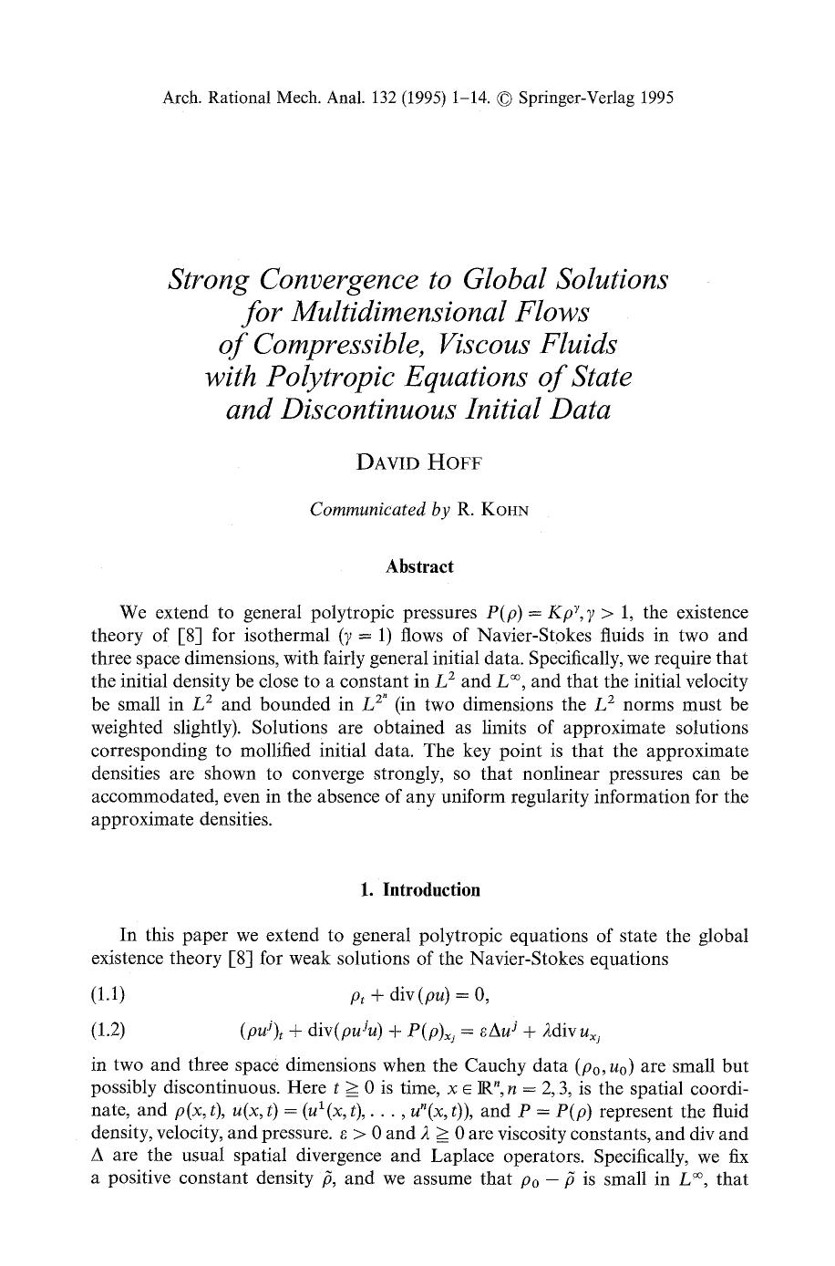 Strong convergence to global solutions for multidimensional flows of compressible, viscous fluids with polytropic equations of state and discontinuous initial data by Unknown