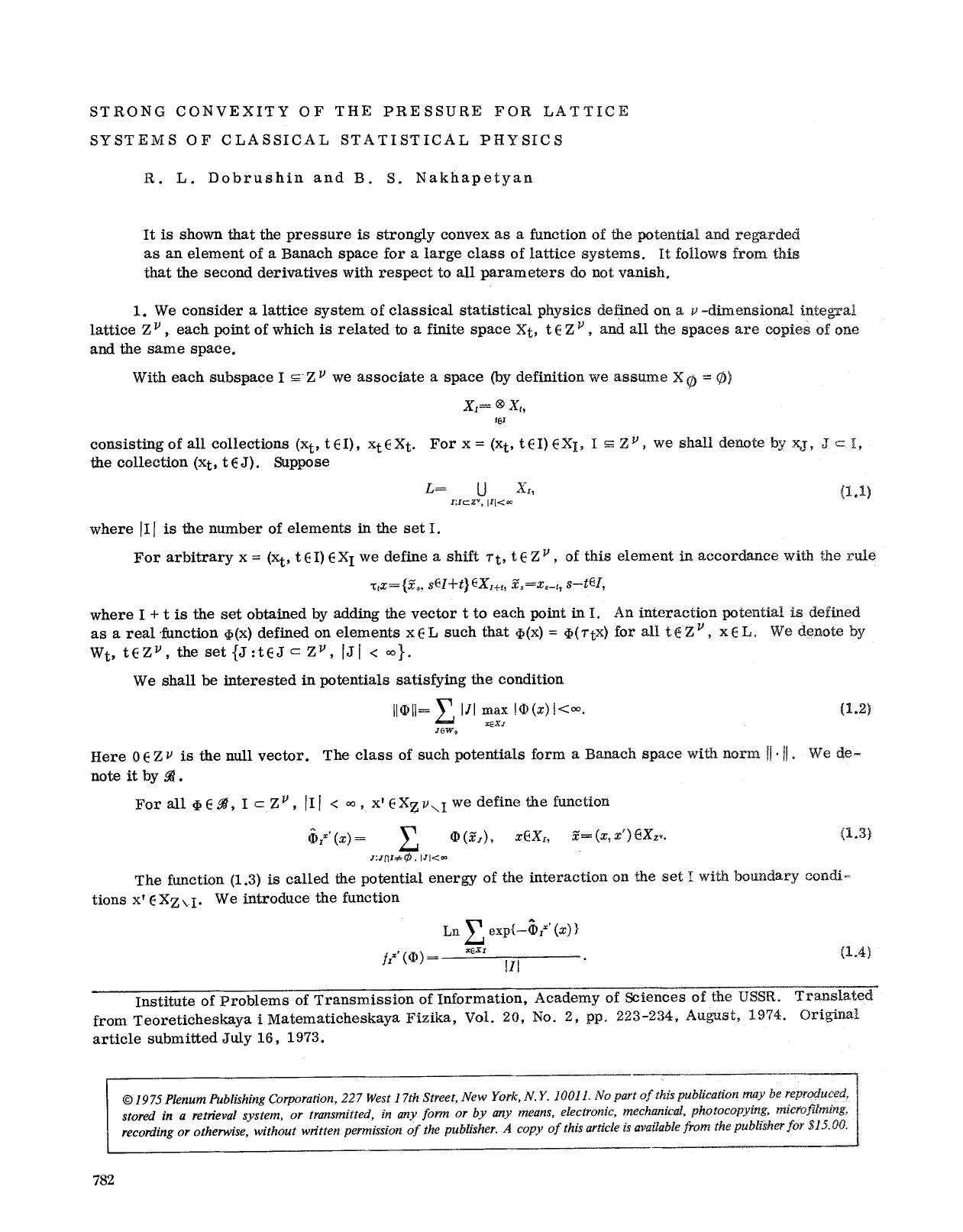 Strong convexity of the pressure for lattice systems of classical statistical physics by Unknown