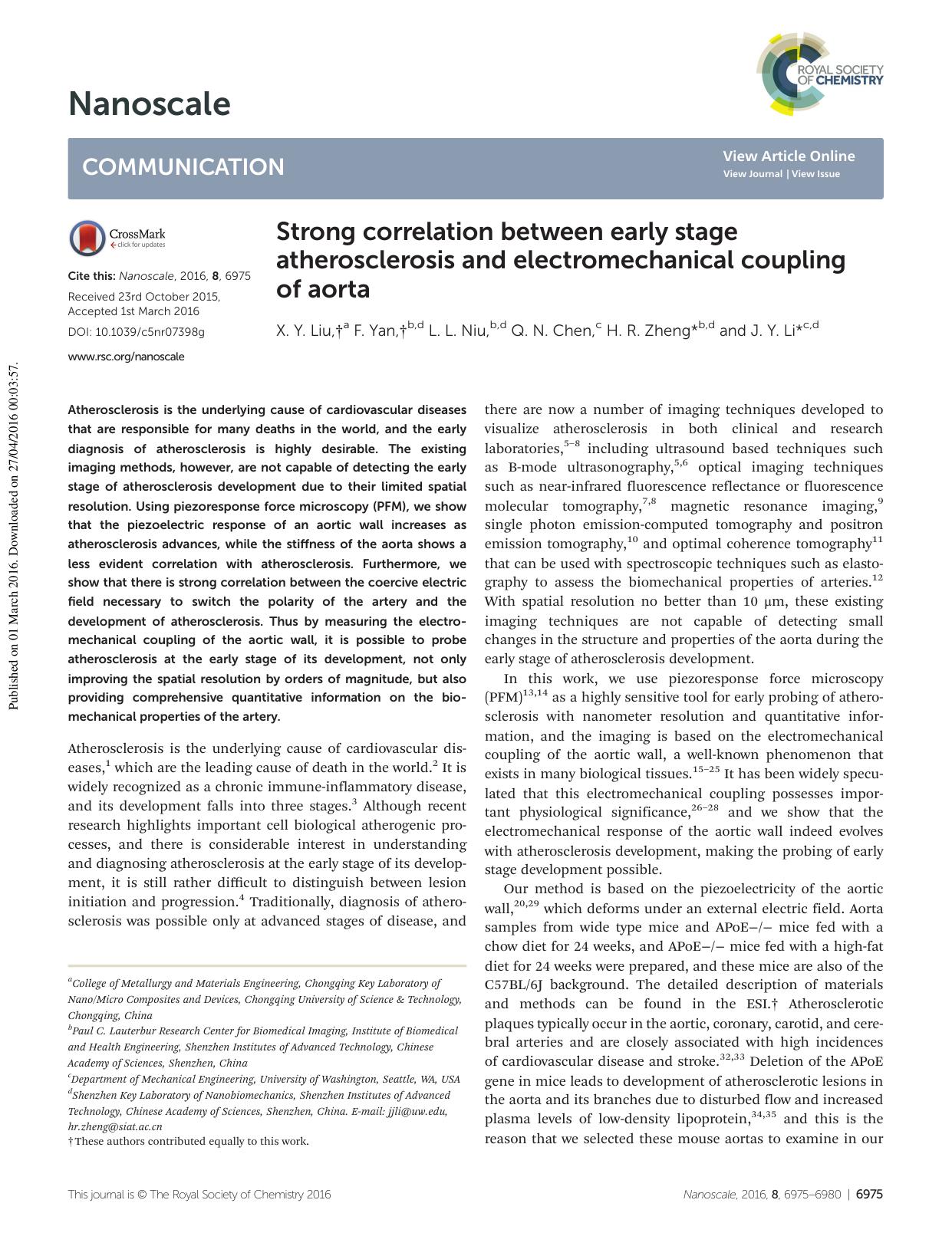 Strong correlation between early stage atherosclerosis and electromechanical coupling of aorta by X. Y. Liu F. Yan L. L. Niu Q. N. Chen H. R. Zheng J. Y. Li