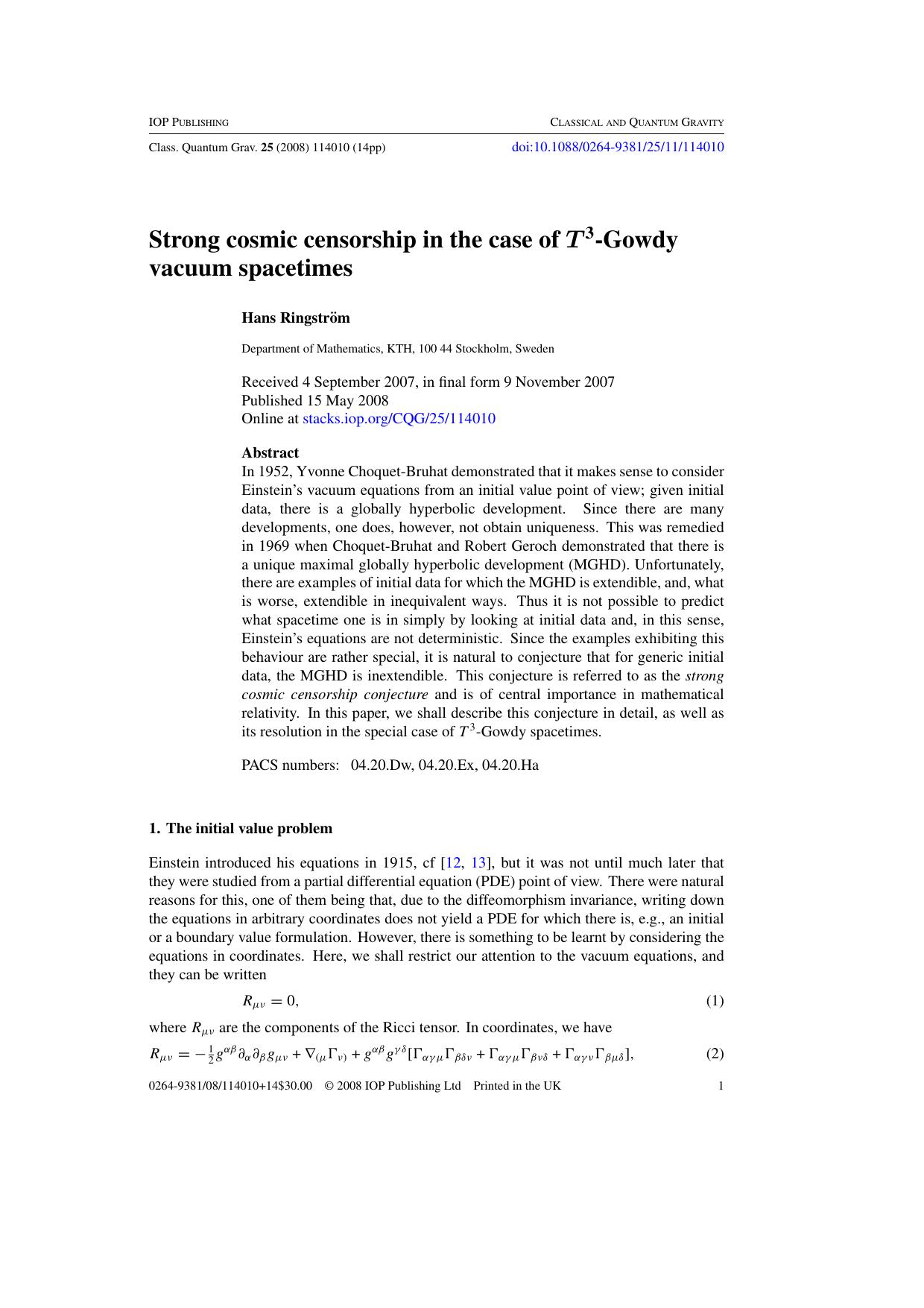 Strong cosmic censorship in the case of T3-Gowdy vacuum spacetimes by H Ringstrom