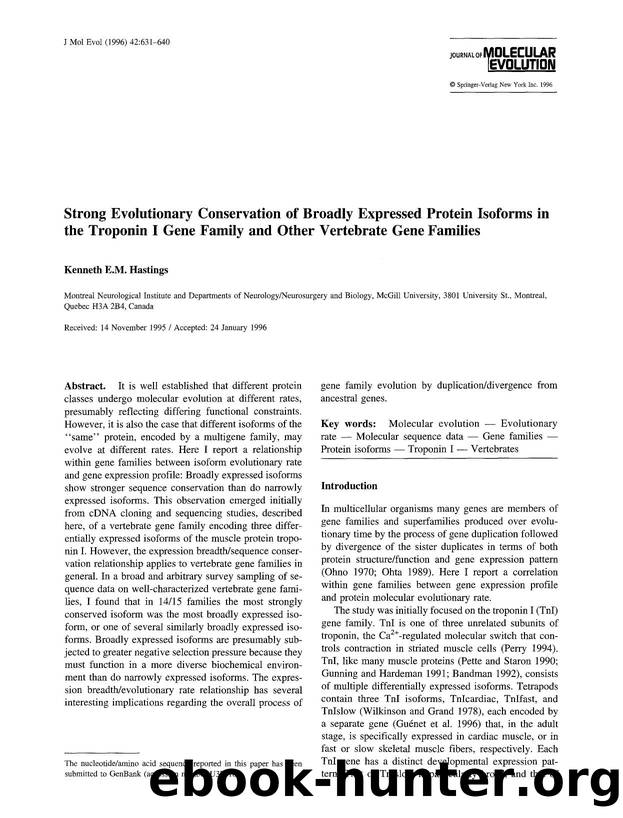 Strong evolutionary conservation of broadly expressed protein isoforms in the troponin I gene family and other vertebrate gene families by Unknown