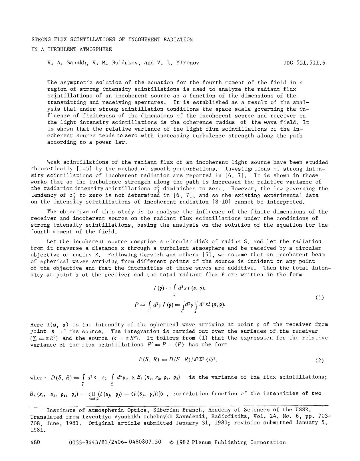Strong flux scintillations of incoherent radiation in a turbulent atmosphere by Unknown
