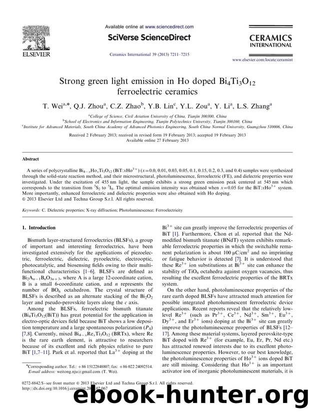 Strong green light emission in Ho doped Bi4Ti3O12 ferroelectric ceramics by T. Wei & Q.J. Zhou & C.Z. Zhao & Y.B. Lin & Y.L. Zou & Y. Li & L.S. Zhang