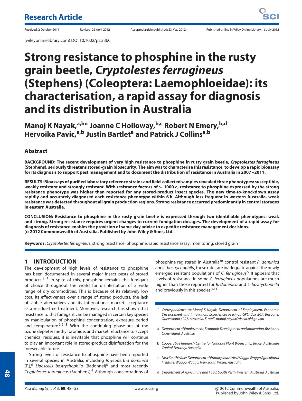 Strong resistance to phosphine in the rusty grain beetle, Cryptolestes ferrugineus (Stephens) (Coleoptera: Laemophloeidae): its characterisation, a rapid assay for diagnosis and it by Unknown