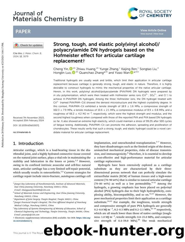 Strong, tough, and elastic poly(vinyl alcohol)polyacrylamide DN hydrogels based on the Hofmeister effect for articular cartilage replacement by unknow