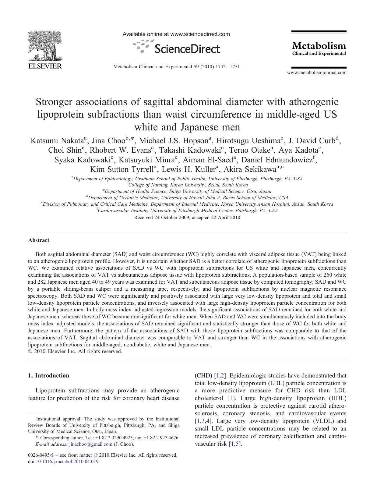 Stronger associations of sagittal abdominal diameter with atherogenic lipoprotein subfractions than waist circumference in middle-aged US white and Japanese men by Katsumi Nakata