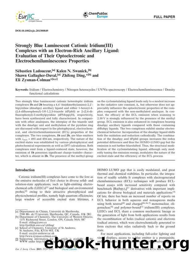 Strongly Blue Luminescent Cationic Iridium(III) Complexes with an ElectronRich Ancillary Ligand: Evaluation of Their Optoelectronic and Electrochemiluminescence Properties by Unknown