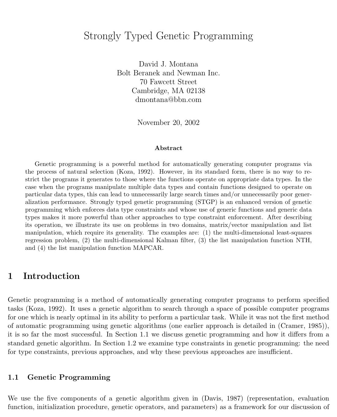 Strongly Typed Genetic Programming by David J. Montana