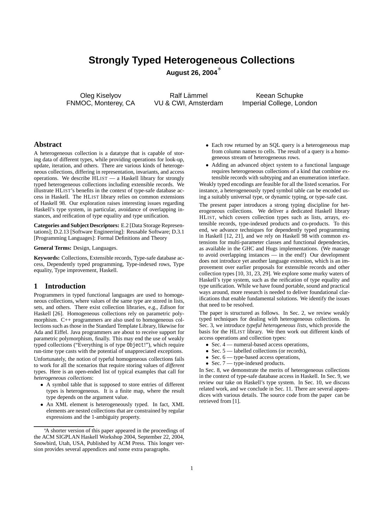Strongly Typed Heterogeneous Collections by Kiselyov O