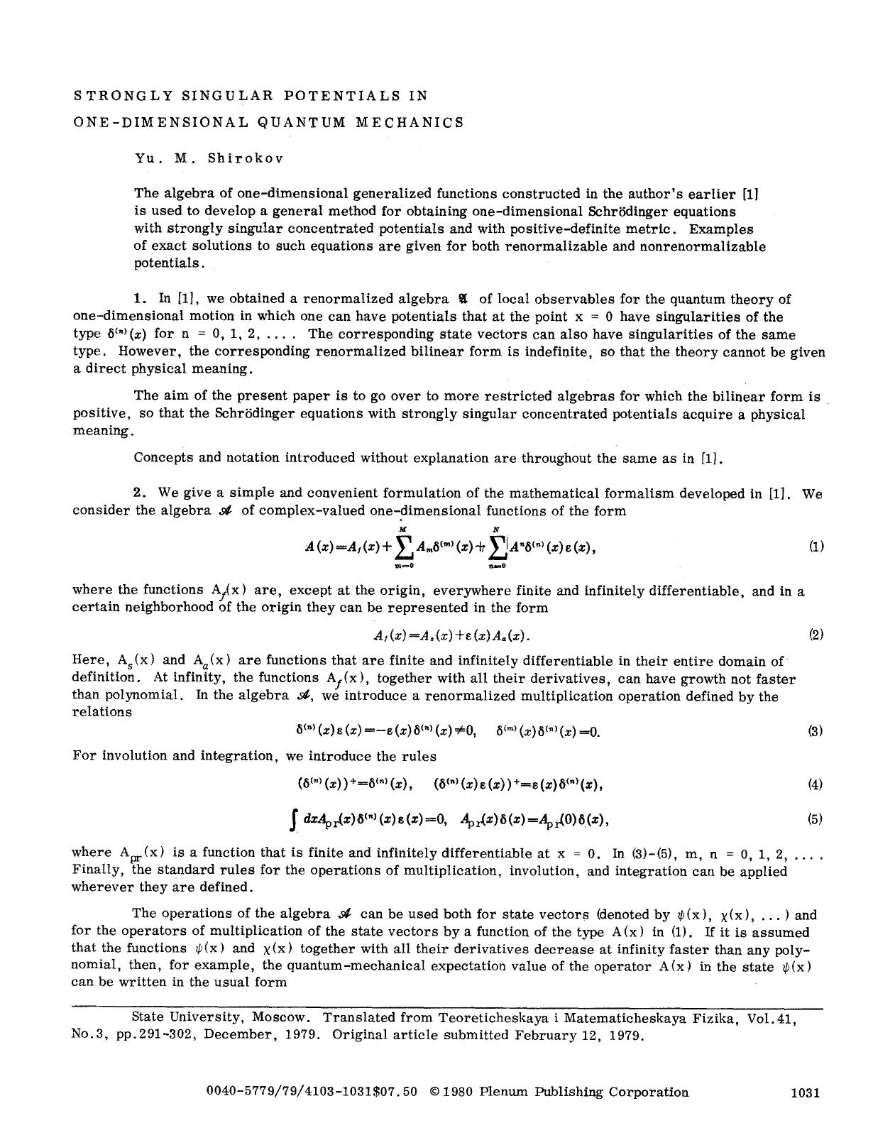 Strongly singular potentials in one-dimensional quantum mechanics by Unknown