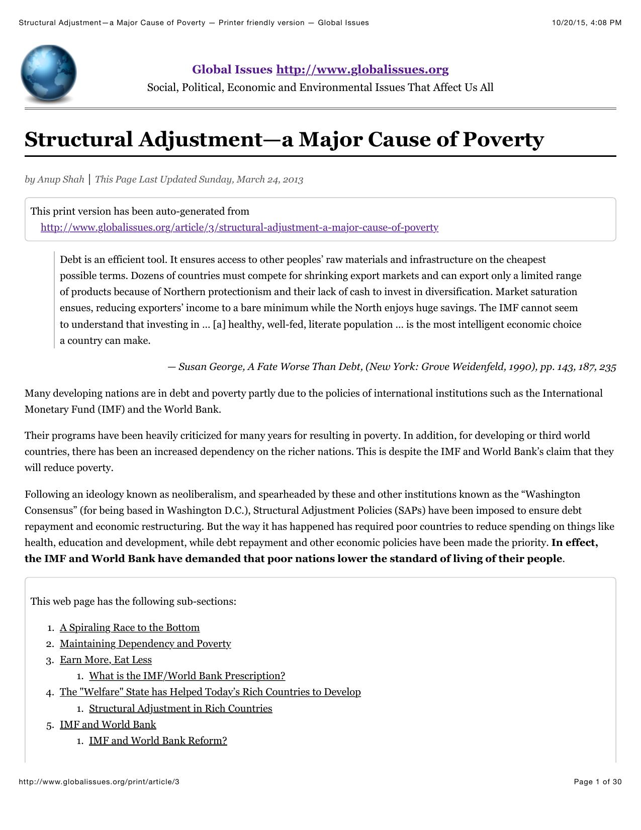 Structural Adjustmentâa Major Cause of Poverty â Printer friendly version â Global Issues by Major Cause of Poverty