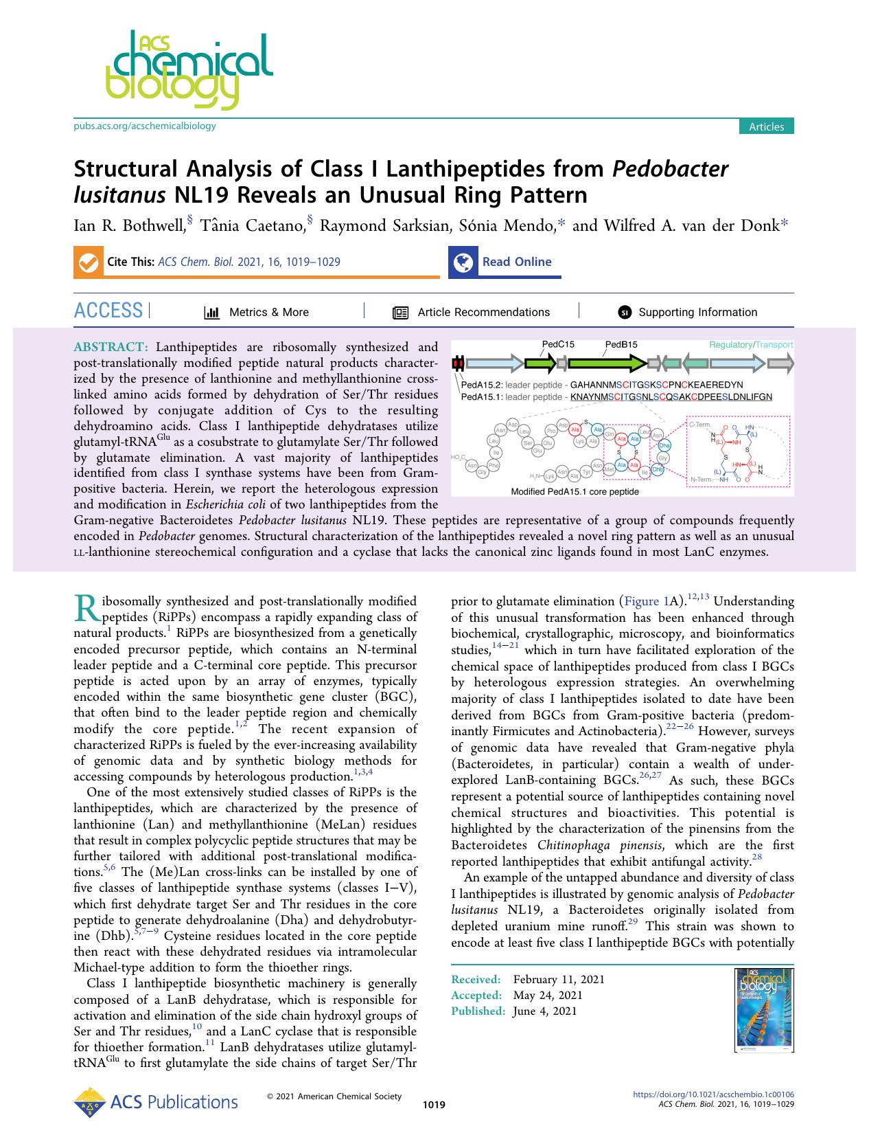Structural Analysis of Class I Lanthipeptides from Pedobacter lusitanus NL19 Reveals an Unusual Ring Pattern by Ian R. Bothwell Tânia Caetano Raymond Sarksian Sónia Mendo and Wilfred A. van der Donk