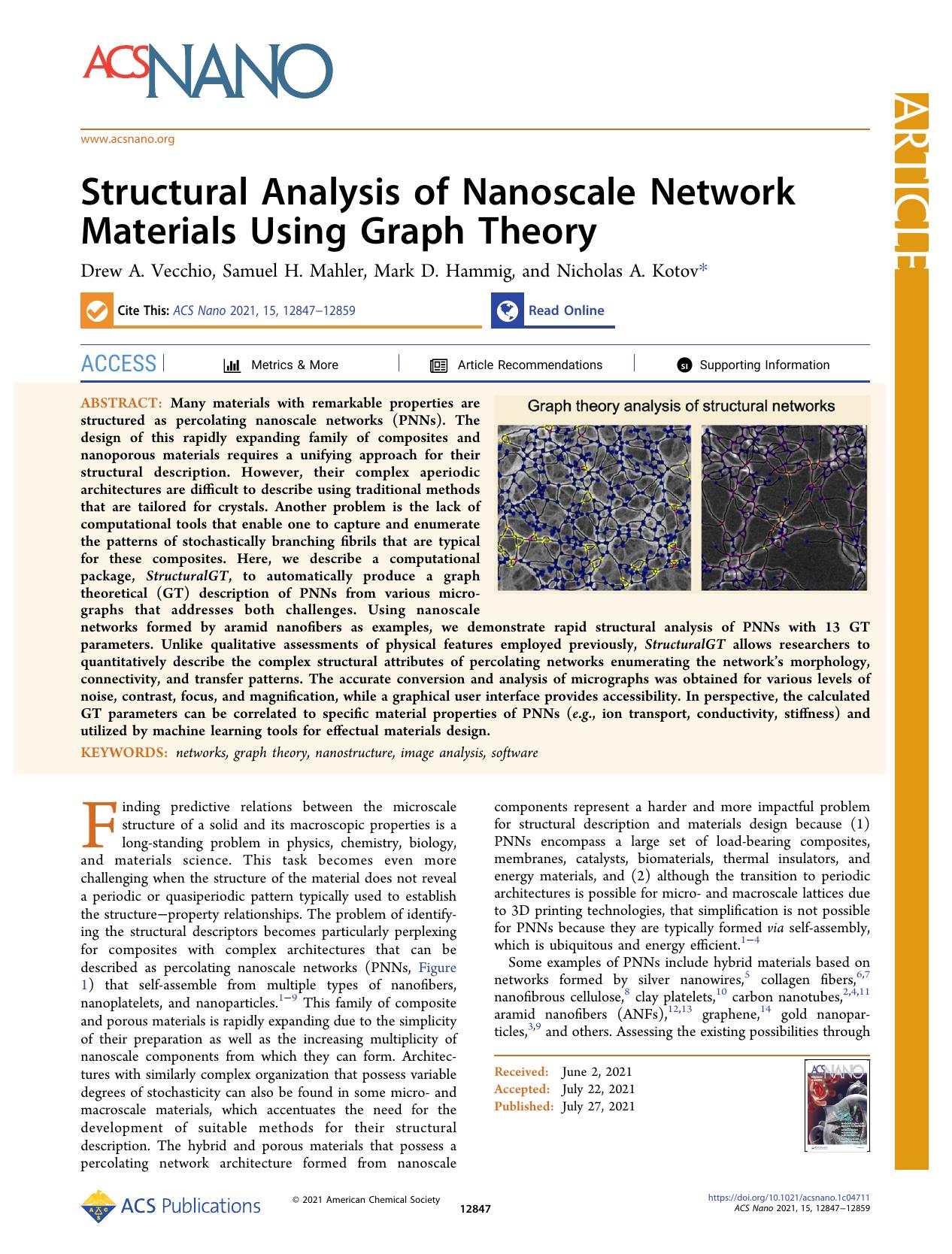 Structural Analysis of Nanoscale Network Materials Using Graph Theory by Drew A. Vecchio Samuel H. Mahler Mark D. Hammig and Nicholas A. Kotov