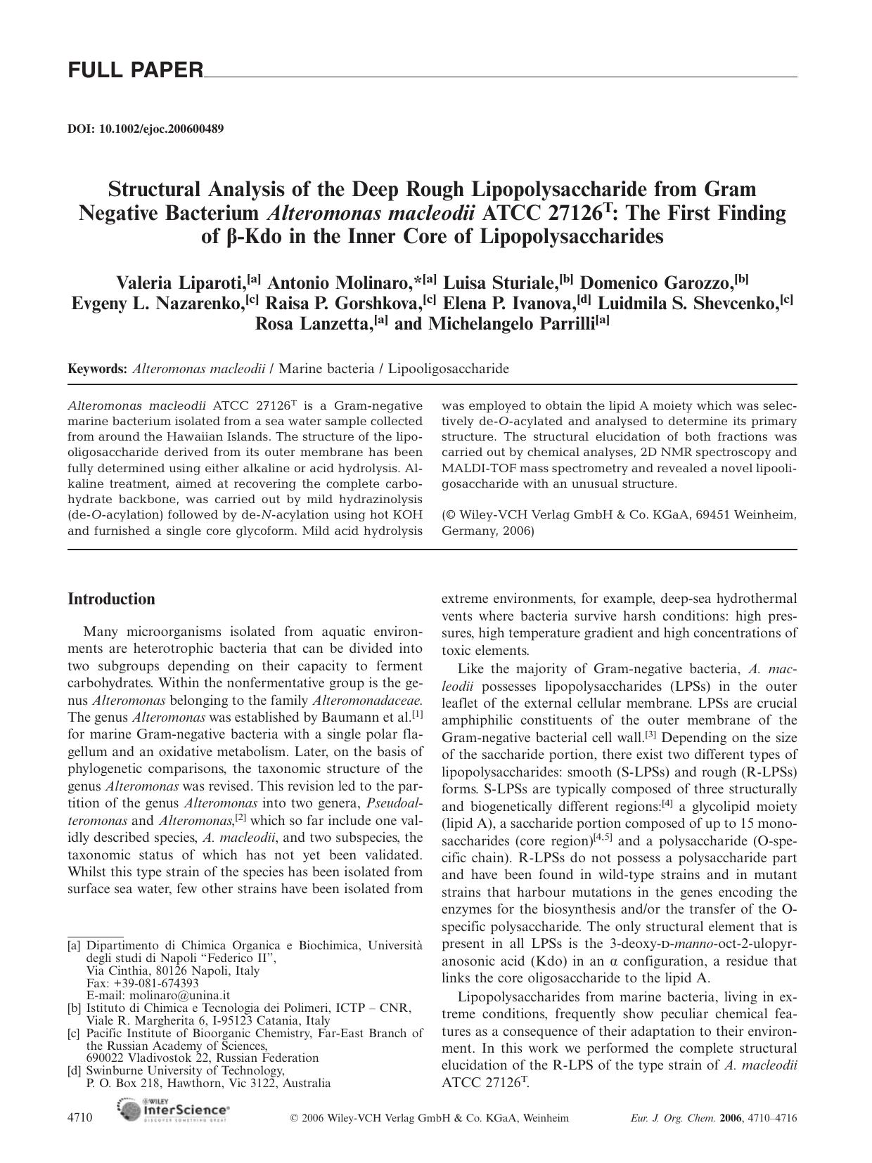 Structural Analysis of the Deep Rough Lipopolysaccharide from Gram Negative Bacterium Alteromonas macleodii ATCC 27126T: The First Finding of [beta]-Kdo in the Inner Core of Lipopolysaccharides by Unknown