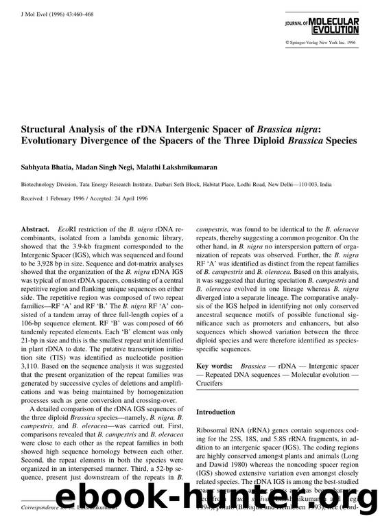 Structural Analysis of the rDNA Intergenic Spacer of Brassica nigra: Evolutionary Divergence of the Spacers of the Three Diploid Brassica Species by Bhatia S. et al