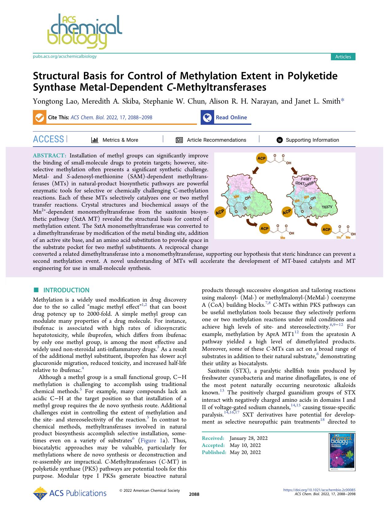 Structural Basis for Control of Methylation Extent in Polyketide Synthase Metal-Dependent C-Methyltransferases by Yongtong Lao Meredith A. Skiba Stephanie W. Chun Alison R. H. Narayan and Janet L. Smith