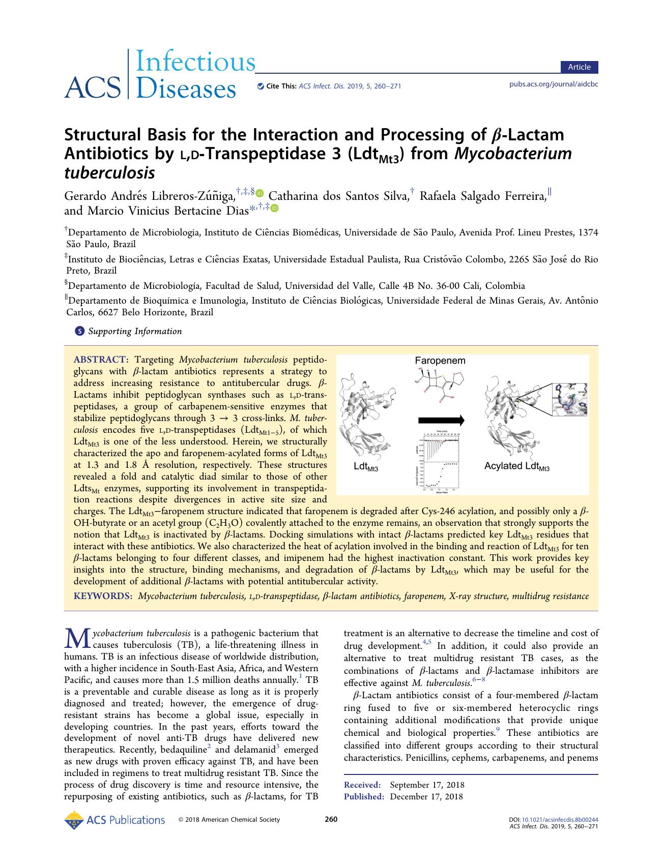 Structural Basis for the Interaction and Processing of Î²-Lactam Antibiotics by l,d-Transpeptidase 3 (LdtMt3) from Mycobacterium tuberculosis by unknow