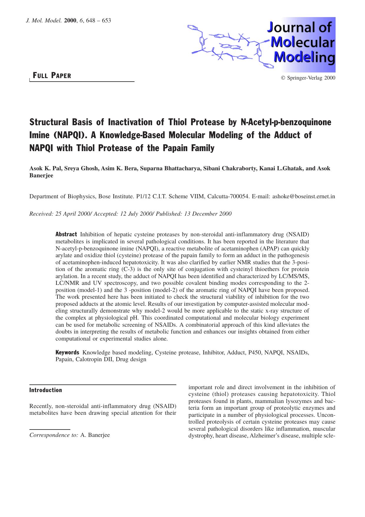 Structural Basis of Inactivation of Thiol Protease by N-Acetyl-p-benzoquinone Imine (NAPQI). A Knowledge-Based Molecular Modeling of the Adduct of NAPQI with Thiol Protease of the Papain Family by unknow