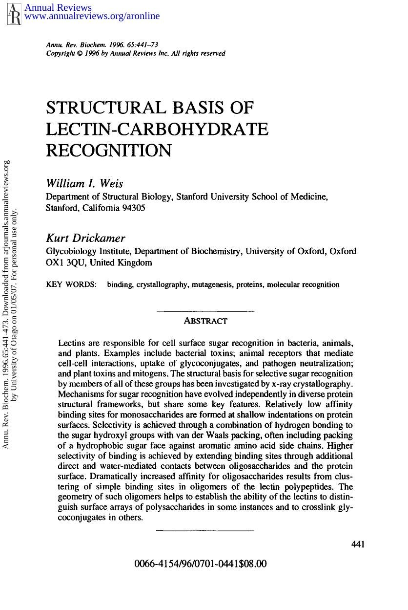 Structural Basis of Lectin-Carbohydrate Recognition by W I Weis & K Drickamer