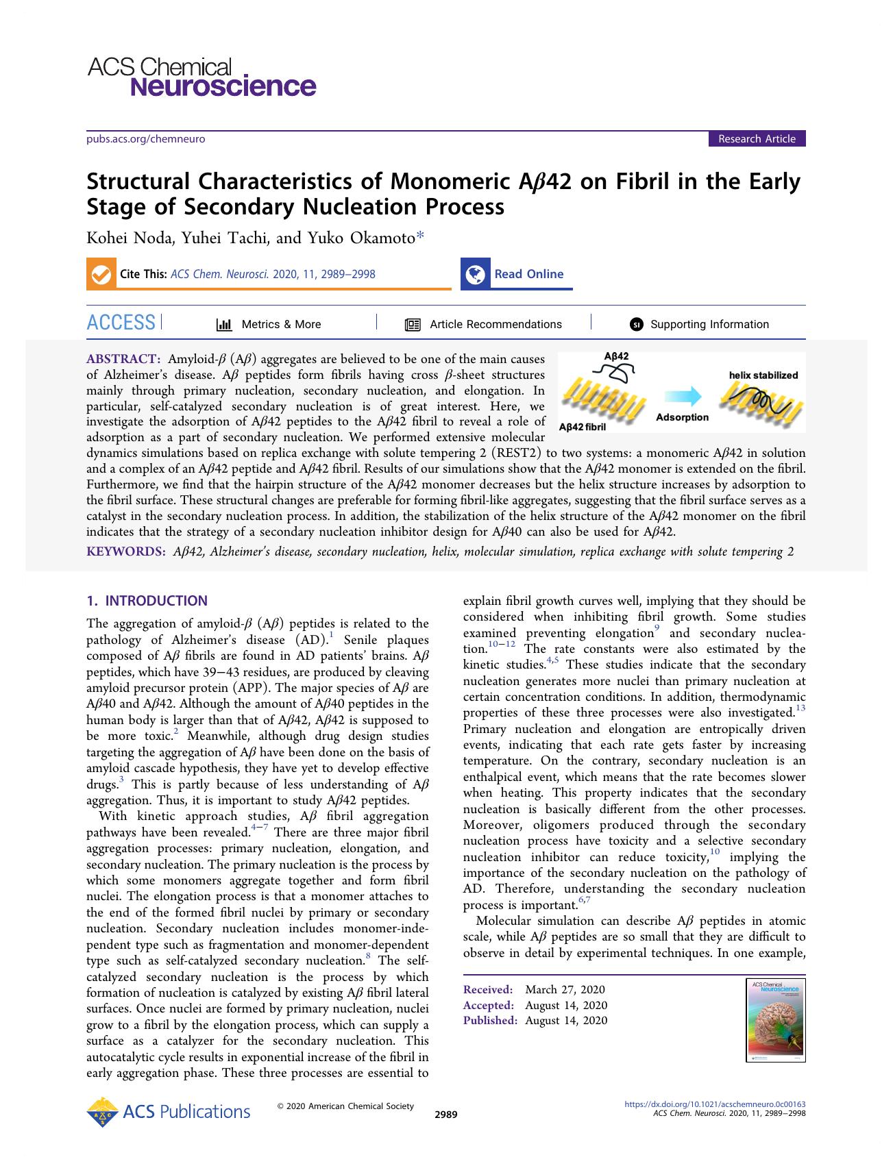 Structural Characteristics of Monomeric AÎ²42 on Fibril in the Early Stage of Secondary Nucleation Process by Kohei Noda Yuhei Tachi and Yuko Okamoto