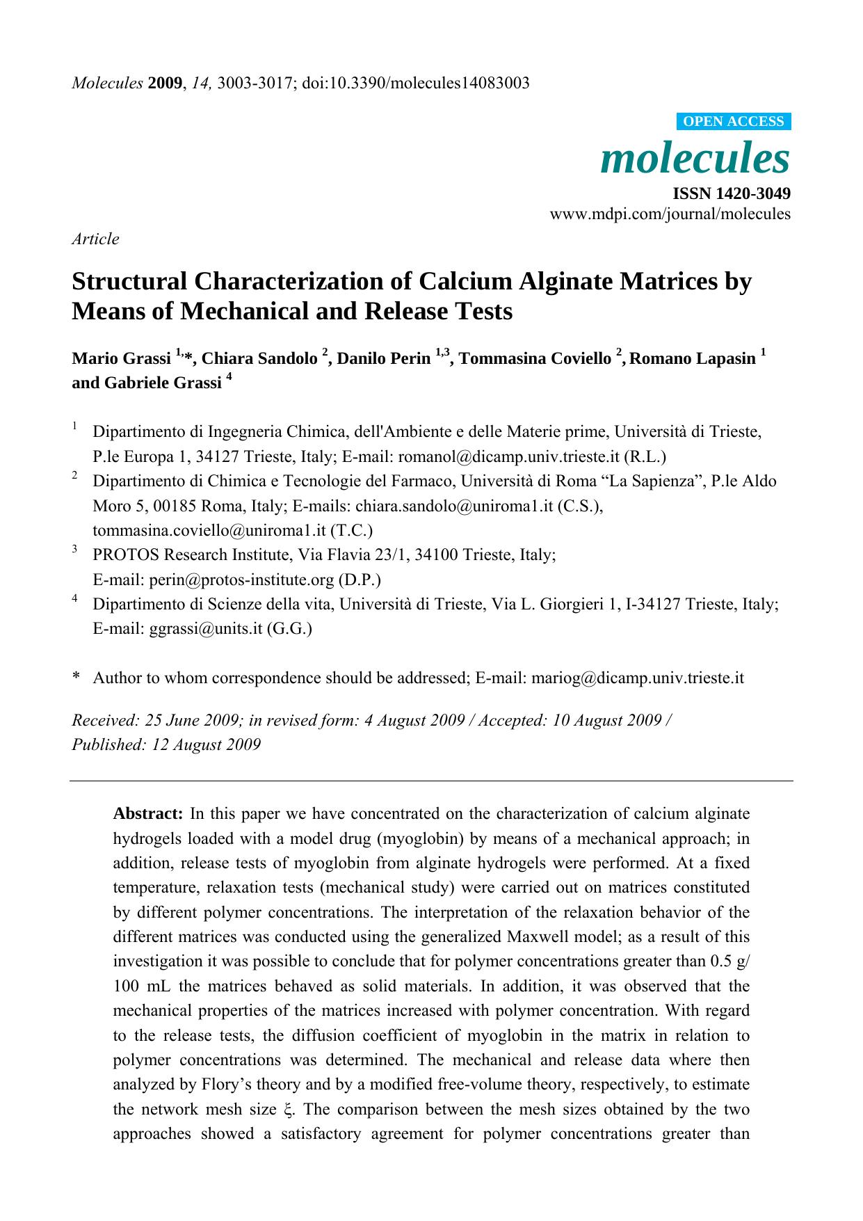 Structural Characterization of Calcium Alginate Matrices by Means of Mechanical and Release Tests by Mario Grassi & Chiara Sandolo & Danilo Perin & Tommasina Coviello & Romano Lapasin & Gabriele Grassi
