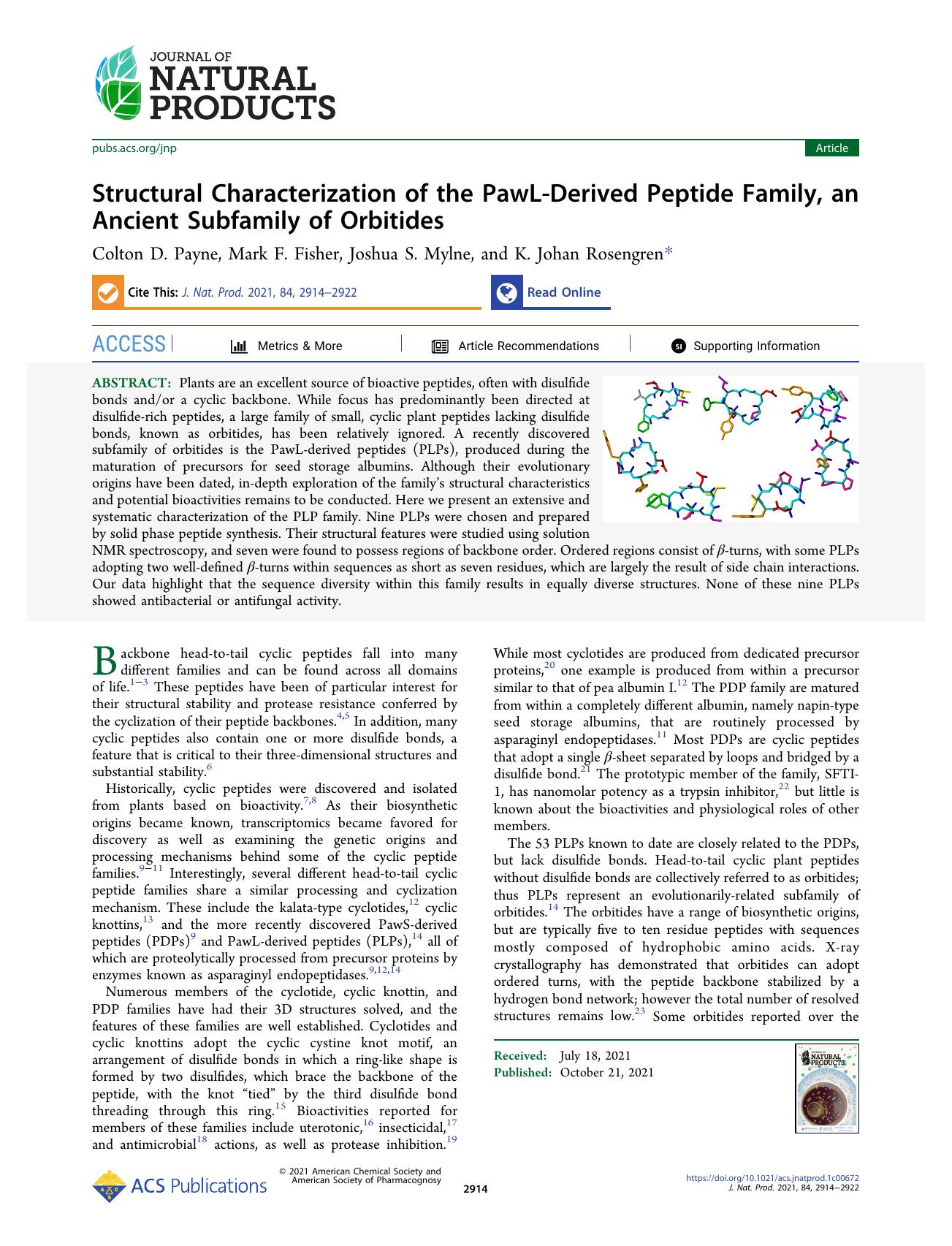 Structural Characterization of the PawL-Derived Peptide Family, an Ancient Subfamily of Orbitides by Colton D. Payne Mark F. Fisher Joshua S. Mylne and K. Johan Rosengren