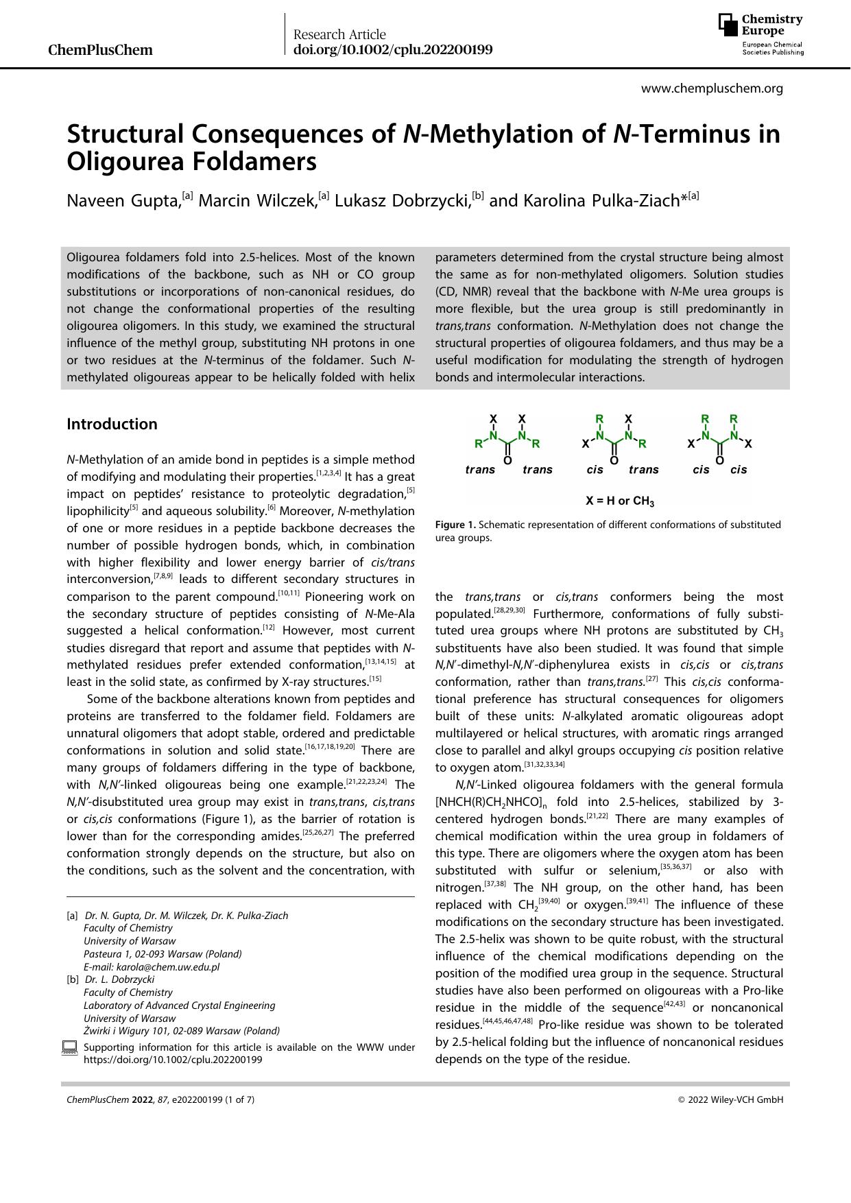 Structural Consequences of NâMethylation of NâTerminus in Oligourea Foldamers by Unknown