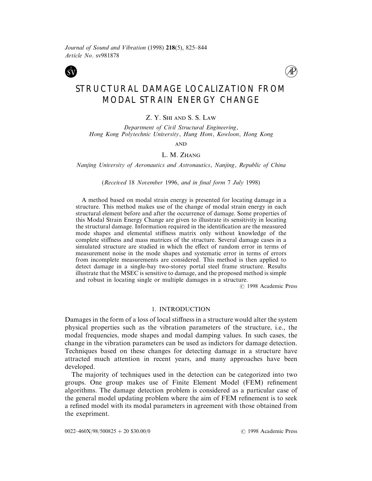 Structural Damage Localization from Modal Strain Energy Change by Shi Z. Y. et al