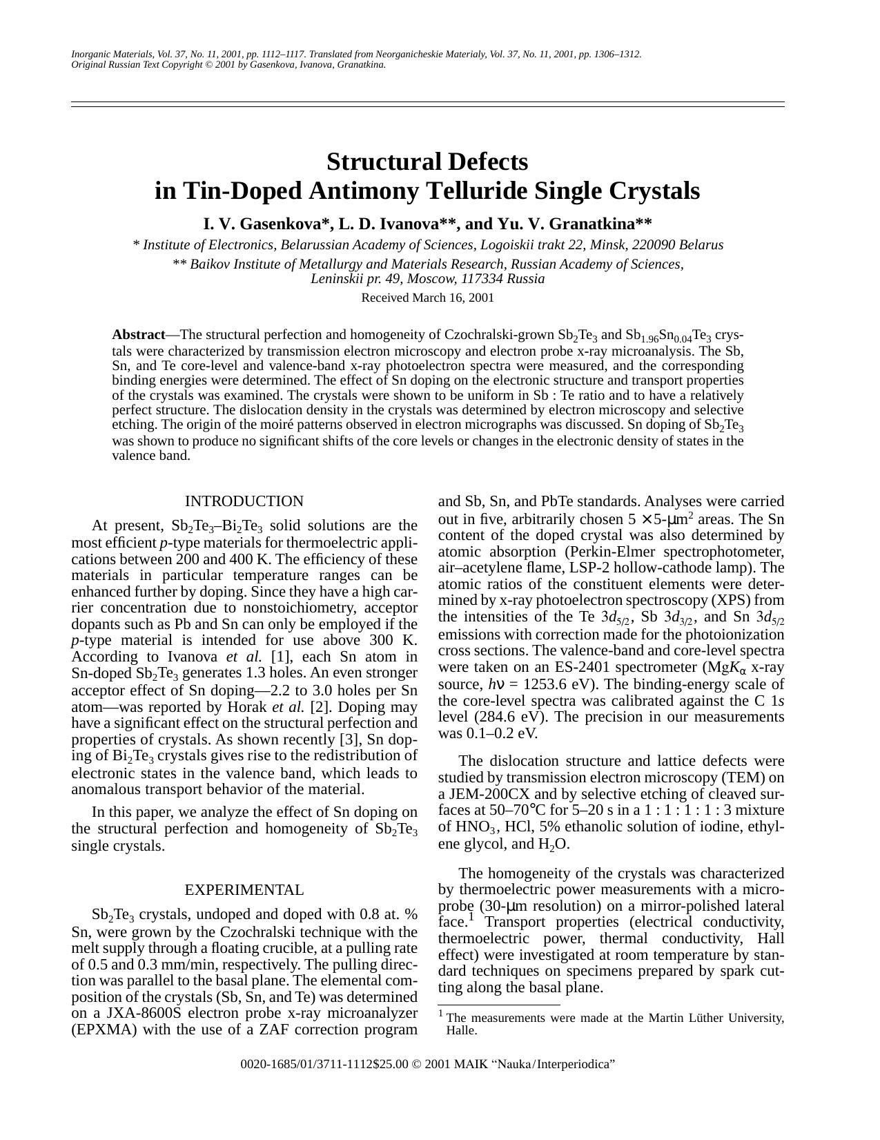 Structural Defects in Tin-Doped Antimony Telluride Single Crystals by Unknown