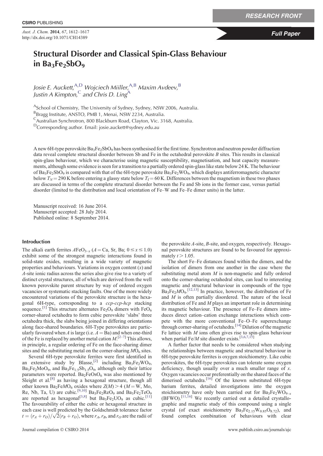 Structural Disorder and Classical Spin-Glass Behaviour in Ba3Fe2SbO9 by J. E. Auckett et al
