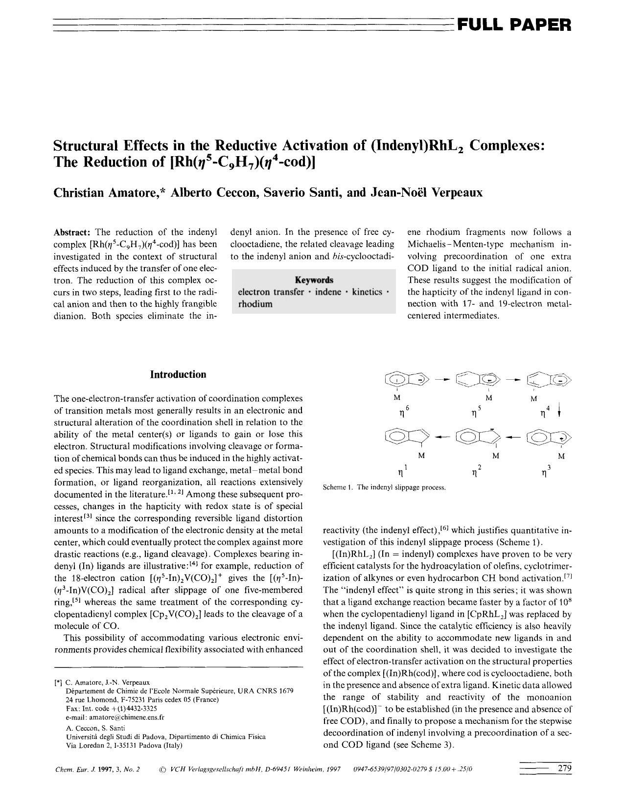 Structural Effects in the Reductive Activation of (Indenyl)RhL2 Complexes: The Reduction of [Rh([eegr]5-C9H7)([eegr]4-cod)] by Unknown