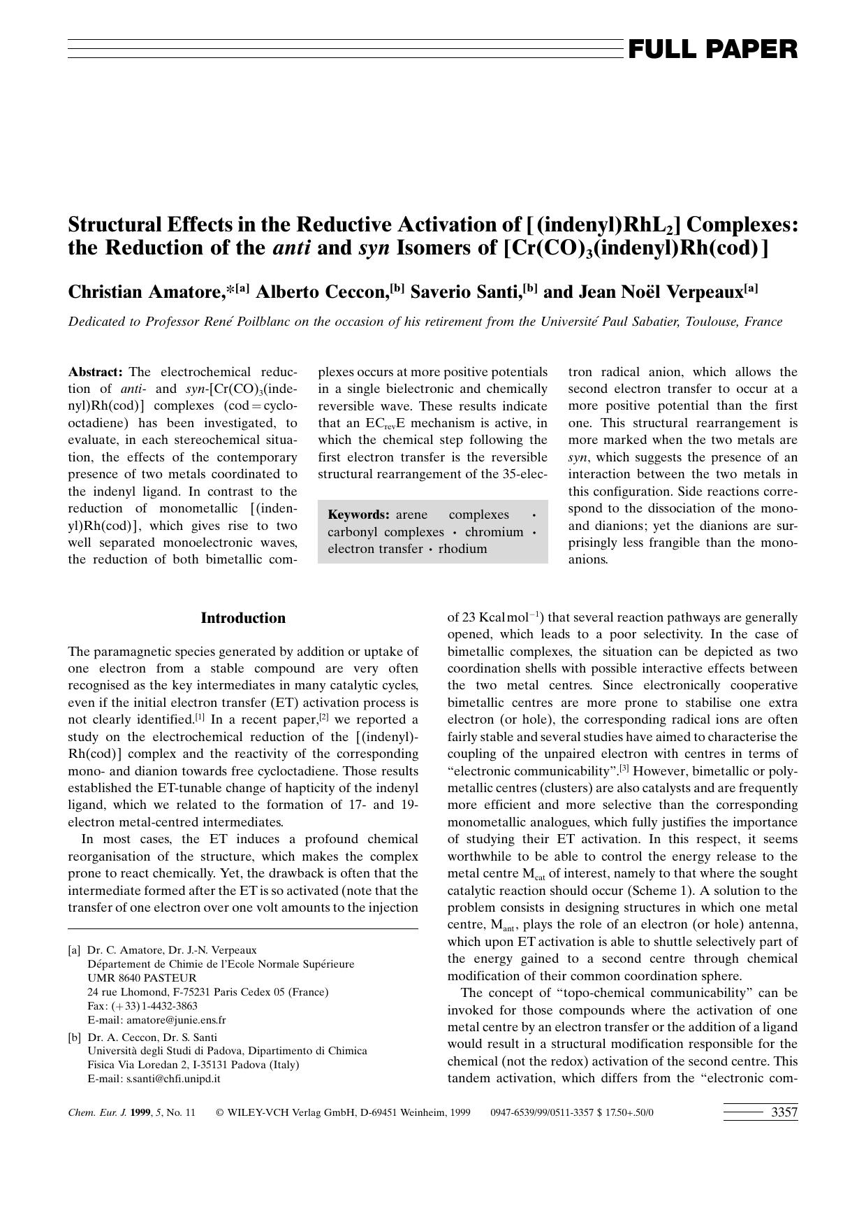 Structural Effects in the Reductive Activation of [(indenyl)RhL2] Complexes: the Reduction of the anti and syn Isomers of [Cr(CO)3(indenyl)Rh(cod)] by Unknown