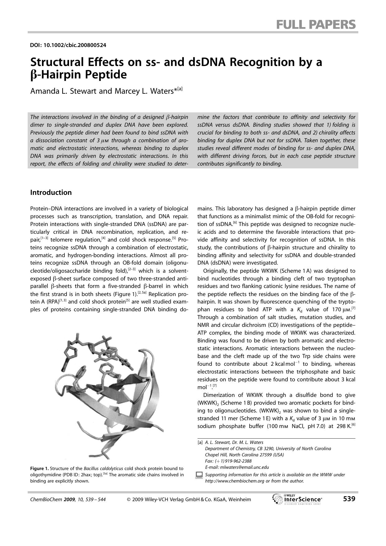 Structural Effects on ss- and dsDNA Recognition by a [beta]-Hairpin Peptide by Unknown