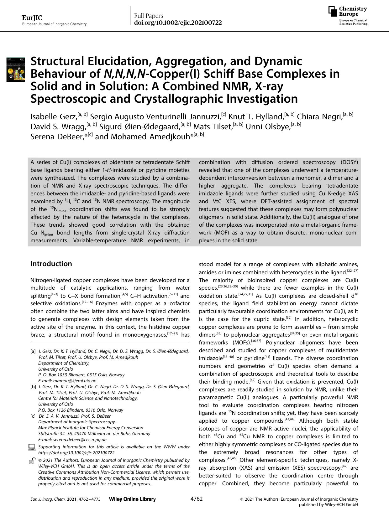 Structural Elucidation, Aggregation, and Dynamic Behaviour of N,N,N,NâCopper(I) Schiff Base Complexes in Solid and in Solution: A Combined NMR, Xâray Spectroscopic and Crystall by Unknown