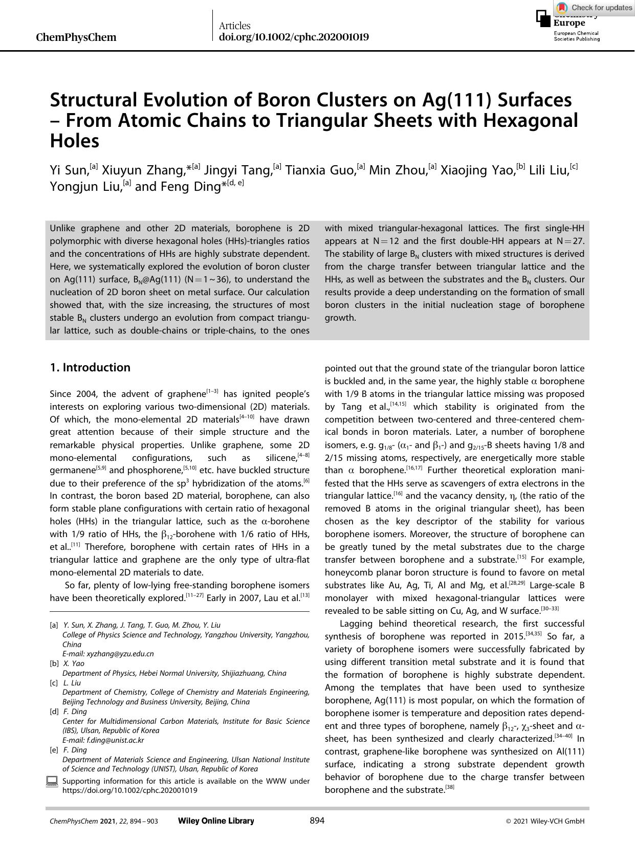 Structural Evolution of Boron Clusters on Ag(111) Surfaces â From Atomic Chains to Triangular Sheets with Hexagonal Holes by Unknown