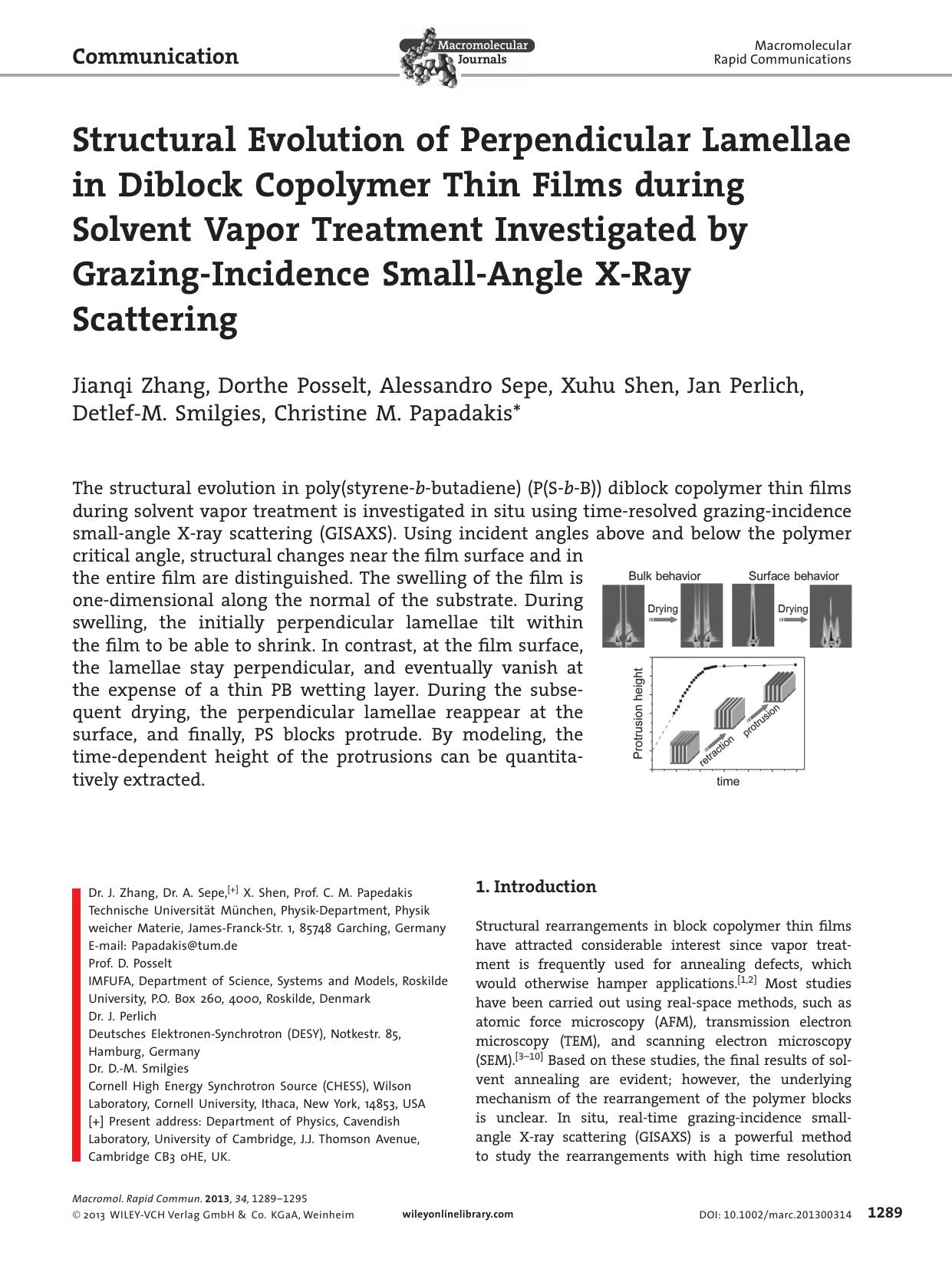 Structural Evolution of Perpendicular Lamellae in Diblock Copolymer Thin Films during Solvent Vapor Treatment Investigated by GrazingIncidence SmallAngle XRay Scattering by f-282-imac