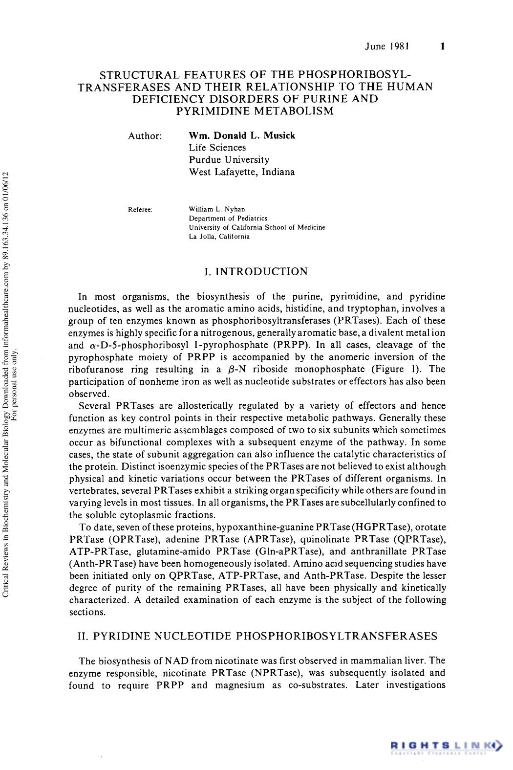Structural Features of the Phosphoribosyl-Transferases and Their Relationship to the Human Deficiency Disorders of Purine and Pyrimidine Metabolis by Wm. Donald L. Musick & William L. Nyhan