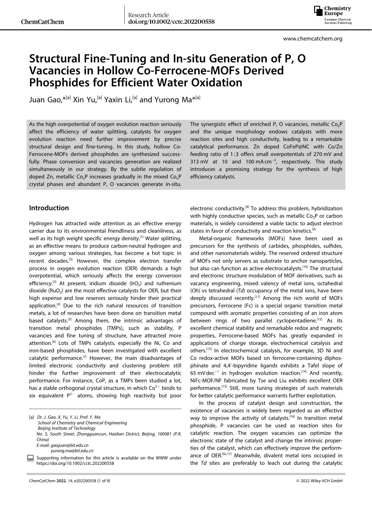 Structural FineâTuning and Inâsitu Generation of P, O Vacancies in Hollow CoâFerroceneâMOFs Derived Phosphides for Efficient Water Oxidation by Unknown