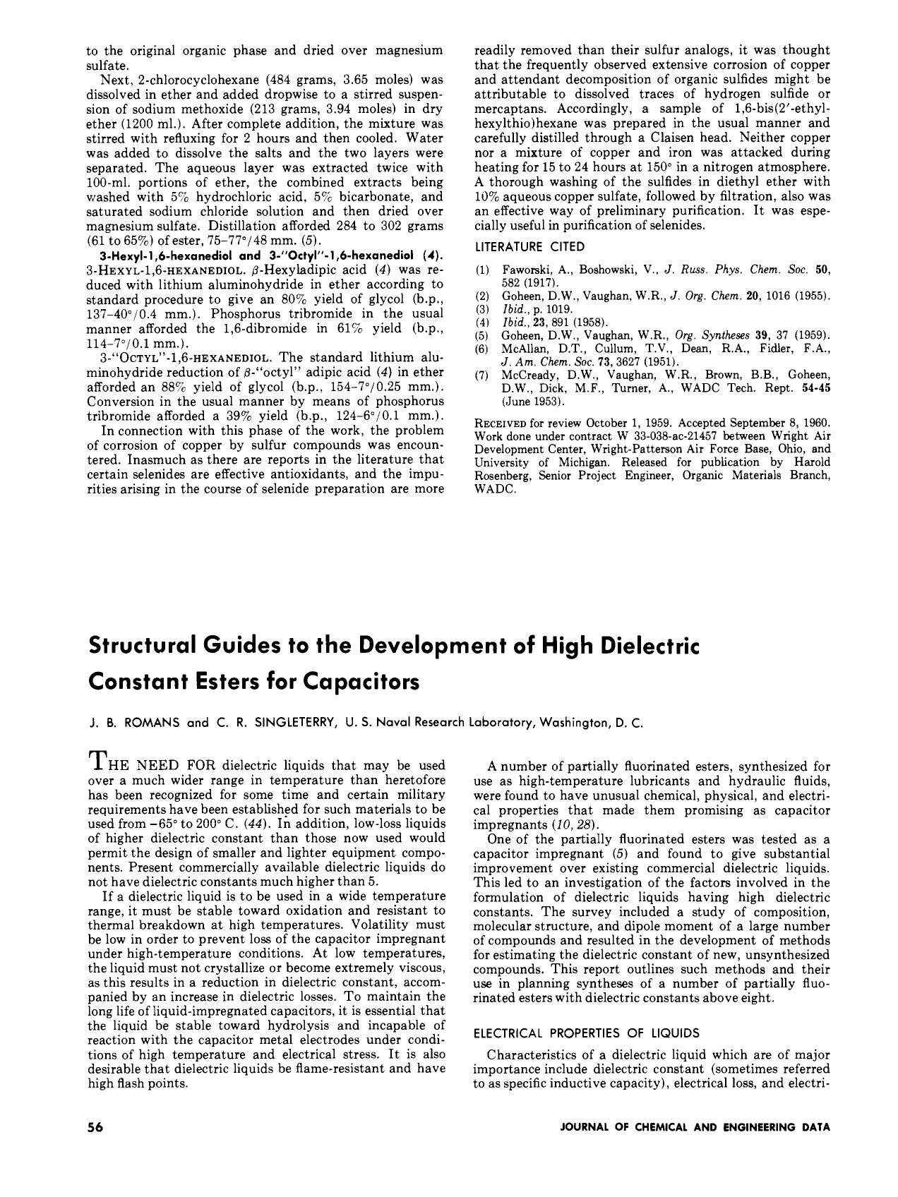 Structural Guides to the Development of High Dielectric Constant Esters for Capacitors. by J. B. Romans C. R. Singleterry