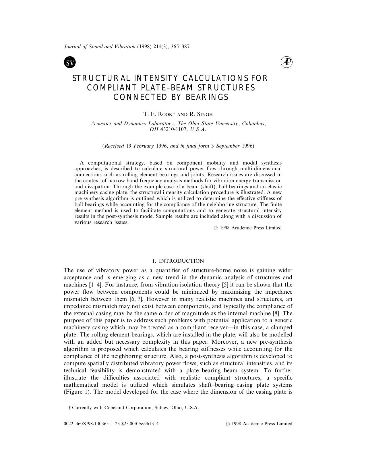 Structural Intensity Calculations for Compliant Plate-Beam Structures Connected by Bearings by Rook T. E. & Singh R